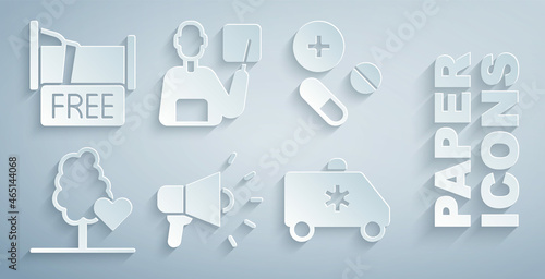 Set Megaphone, Medicine pill or tablet, Volunteer team planting trees, Emergency car, Teacher and Free overnight stay house icon. Vector