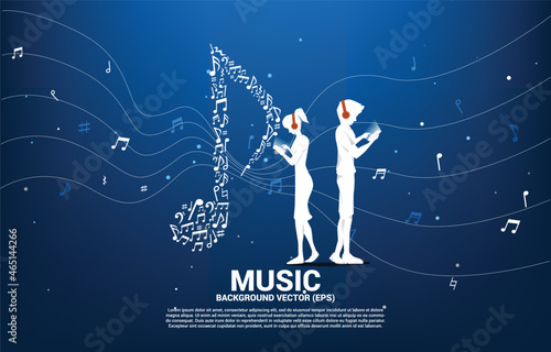Vector man and woman with mobile phone and headphone and music melody shape key note music dancing flow . Concept background for online streaming music.