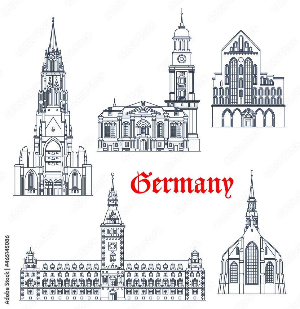 Germany travel landmarks and architecture buildings of Hamburg and Lubeck, vector. German architecture of St Catherine Church, Michael and Nicholas church in Lubeck, Rathaus city hall of Hamburg