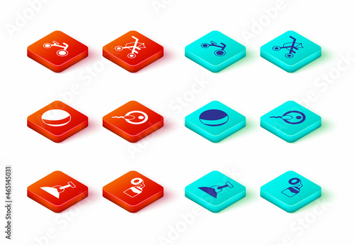 Set Sandbox with sand and shovel, Breast pump, Beach ball, Sperm, Baby stroller and Bicycle for kids icon. Vector