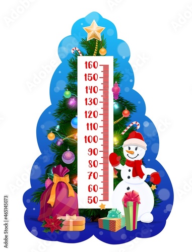 Kids height chart of cartoon Christmas tree and snowman character. Vector growth meter or stadiometer ruler for children growing measuring with Xmas tree, gifts and presents, wall sticker design