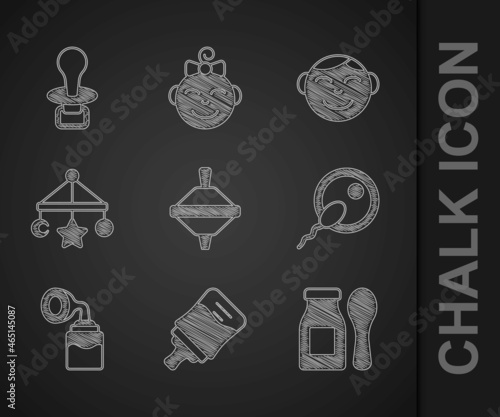 Set Whirligig toy, Baby bottle, Yogurt in with spoon, Sperm, Breast pump, crib hanging toys, Little boy head and dummy pacifier icon. Vector