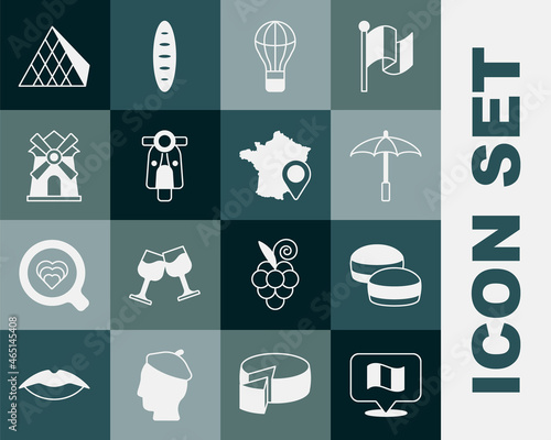 Set Flag France, Macaron cookie, Umbrella for beach, Hot air balloon, Scooter, Windmill, Louvre glass pyramid and Map of icon. Vector