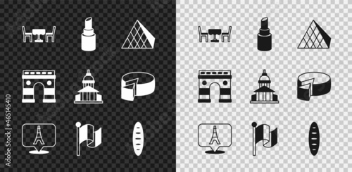 Set French cafe, Lipstick, Louvre glass pyramid, Eiffel tower, Flag France, baguette bread, Triumphal Arch and Museum building icon. Vector