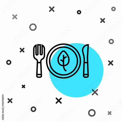 Black line Vegan food diet icon isolated Black line background. Organic, bio, eco symbol. Vegan, no meat, lactose free, healthy, fresh and nonviolent food. Random dynamic shapes. Vector