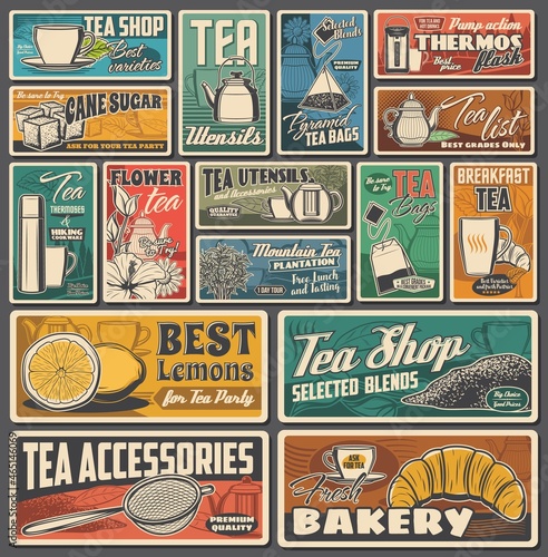 Tea cup, teapot and leaf retro banners with vector black, green, herbal and flower hot beverages. Cups, mugs, tea bags and pyramids, teapots, kettles and infusers, lemon, sugar and croissant, tea shop