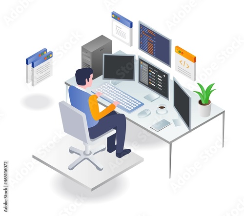 Programmer working on computer with lots of data