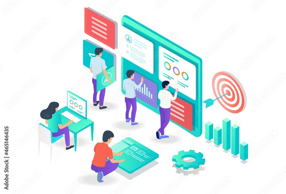 the concept of isometric flat illustration seo optimization and analyst data the concept of isometric flat illustration seo optimization and analyst data