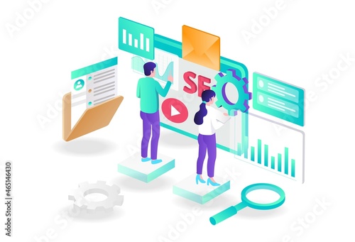 the concept of isometric flat illustration seo optimization and web developer