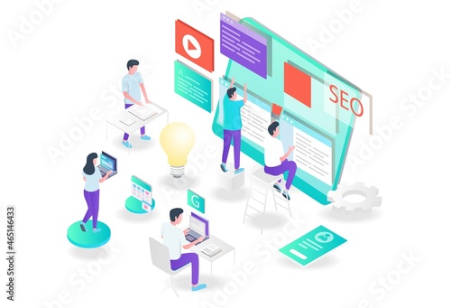 the concept of isometric flat illustration seo optimization and web developer