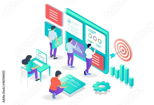 the concept of isometric flat illustration seo optimization and analyst data
