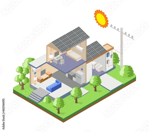 Solar panels on the roof of the house with electric poles