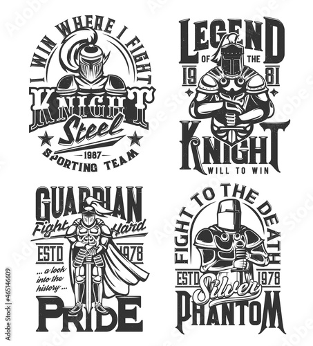Tshirt print with knights hold sword vector mascots  medieval warriors in helmet. Monochrome labels for apparel design with warriors and typography  isolated t shirt prints for war club  sporting team