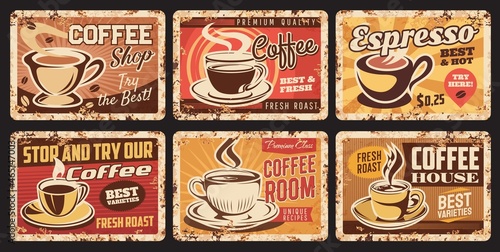 Coffee vintage signs of cafe, coffee shop or bar vector design. Retro metal banners with espresso cups of brewed drink and roasted beans, mugs and saucers of latte or cappuccino caffeine beverages