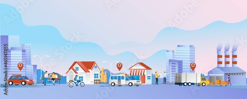 City street with office factory buildings and houses