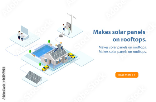 Builder installing solar panels on the roof of the house