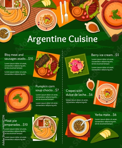 Argentine cuisine vector menu with barbecue meat dishes, vegetable soup and desserts. Bbq chorizo sausages, pork chops and empanada pies, yerba mate, berry ice cream and dulce de leche with crepes