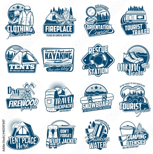 Travel tourism, active leisure isolated vector icons. Hiking and camping tools, travel trailer and tent, backpack and rafting club equipment. Kayaking, campfire and tourism clothing, boots labels set