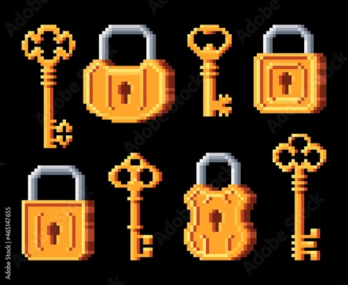 Vintage golden keys and padlocks. Pixel art 8bit game icons, door lock and keys. Vector vintage elements, game assets isolated 2d objects. Retro sprite computer graphic isolated padlocks