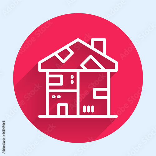 White line Homeless cardboard house icon isolated with long shadow background. Red circle button. Vector