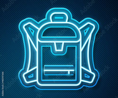 Glowing neon line Hiking backpack icon isolated on blue background. Camping and mountain exploring backpack. Vector