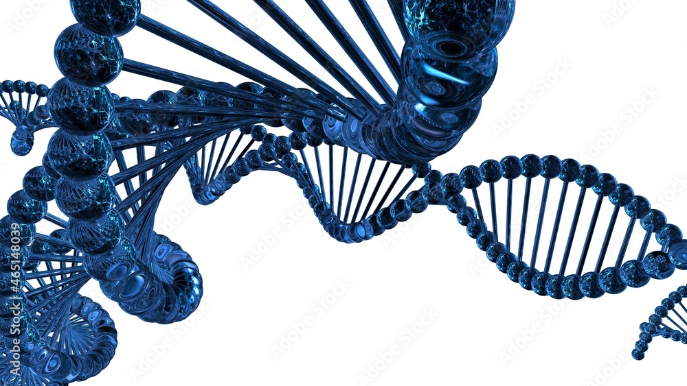 Obraz premium Science Molecular Glass DNA Model Structure under blue flash light and white background. 3D illustration. 3D CG. 3D high quality rendering.