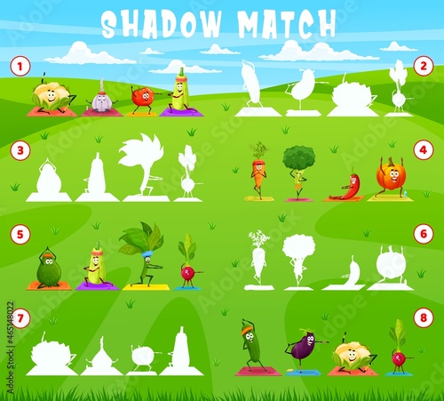 Shadow match game, cartoon vegetable characters on yoga fitness, vector kids tabletop riddle. Find and match correct silhouette of spinach, carrot and cucumber on sport training or yoga exercise