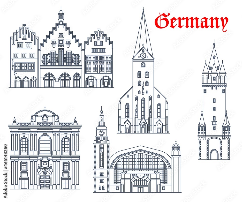 Germany architecture buildings and travel landmarks of Frankfurt, Munich and Hamburg. Burgersaal church, Romer Rathaus or city hall, Eschenheim Tower, Hauptbahnhof railway station and St Peter church