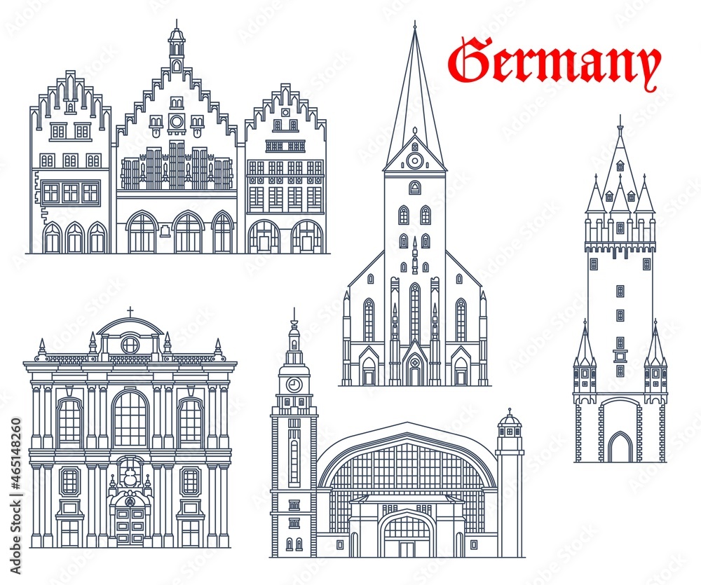 Germany architecture buildings and travel landmarks of Frankfurt, Munich and Hamburg. Burgersaal church, Romer Rathaus or city hall, Eschenheim Tower, Hauptbahnhof railway station and St Peter church Germany architecture buildings and travel landmarks of Frankfurt, Munich and Hamburg. Burgersaal church, Romer Rathaus or city hall, Eschenheim Tower, Hauptbahnhof railway station and St Peter church