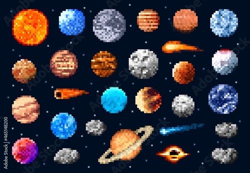 Pixel space planets and stars, asteroids and comets. Universe galaxy satellite and meteorite retro 8bit game icons. Vector retro astronomy objects in space, pixel art fantasy and solar system planets