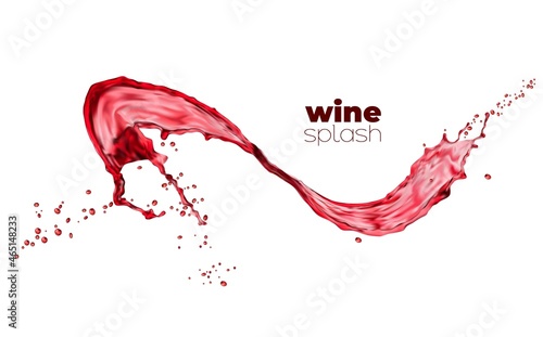 Swirl red wine or juice wave flow with drops, isolated liquid splash of alcohol or juicy drink. Vector splashing merlot, bordeaux, cabernet, liquor with spray droplets. Realistic alcohol beverage