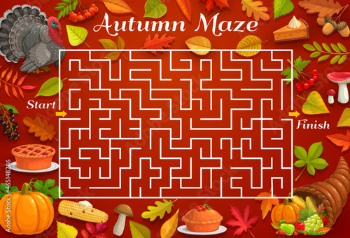 Autumn labyrinth, vector maze game with Thanksgiving turkey and cornucopia, autumn leaves and harvest holiday pie. Kids education worksheet with square maze and frame border of red maple foliage