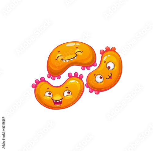 Cartoon virus cell vector icon, cute triple bacteria with happy faces, funny germ character. Smiling pathogen microbe mascot or emoticon, isolated micro organism symbol