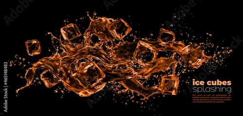 Realistic ice cubes and whiskey wave splashes, vector flow background. Frozen ice cubes whirl splash for premium alcohol drinks, whiskey or bourbon and cognac and rum pouring with drops ripples