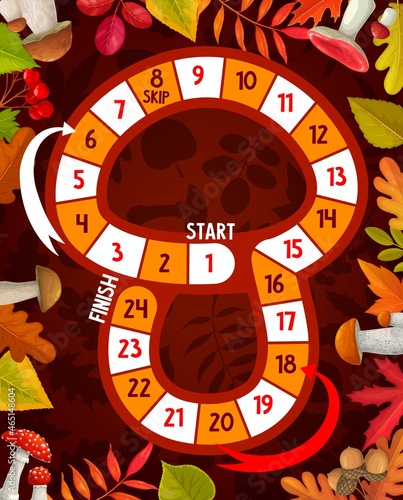 Thanksgiving kids board game, mushroom shape vector map with autumn leaves and acorns background. Children education worksheet, roll and move puzzle or maze with arrows and numbered steps
