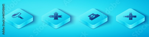 Set Isometric Paint roller brush, spray can, Marker pen and Spray nozzle cap icon. Vector