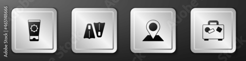Set Sunscreen cream in tube, Rubber flippers for swimming, Location and Suitcase icon. Silver square button. Vector