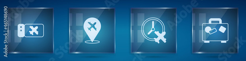 Set Airline ticket, Plane, Clock with airplane and Suitcase. Square glass panels. Vector
