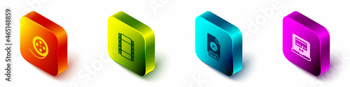 Obraz na plátně Set Isometric Film reel, Play Video, MP4 file document and recorder on laptop icon