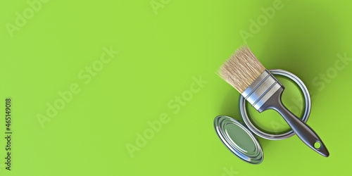 Paintbrush on top of paint bucket with green paint 3D photo