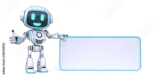 Cute blue robot holding blank rectangle board 3D