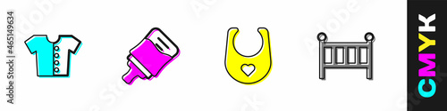 Set Baby t-shirt, bottle, bib and crib cradle bed icon. Vector