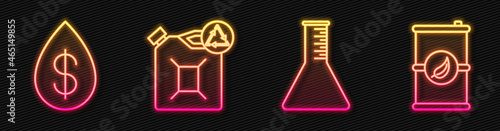 Set line Oil petrol test tube, Oil drop with dollar, Eco fuel canister and Bio fuel barrel. Glowing neon icon. Vector