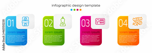 Set line Fish plastic tray container, Sauce bottle, Identification badge and Candy. Business infographic template. Vector