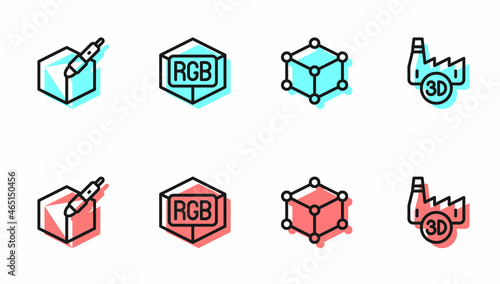 Set line Isometric cube, 3d pen tool, RGB and CMYK color mixing and Printing house industry icon. Vector