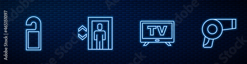 Set line Smart Tv, Please do not disturb, Lift and Hair dryer. Glowing neon icon on brick wall. Vector
