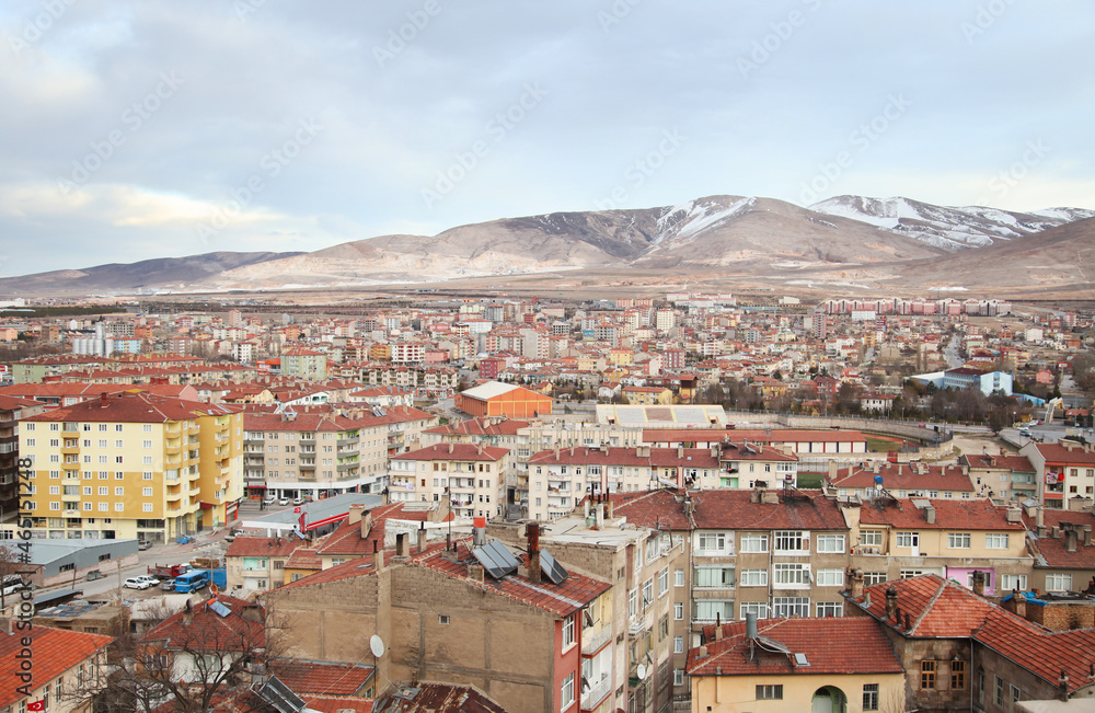 Nigde city panorama from Nigde Castle in Central Anatolia, Turkey. Niğde is a city and the capital of Niğde Province in the Central Anatolia region of Turkey at an elevation of 1,299 mt.