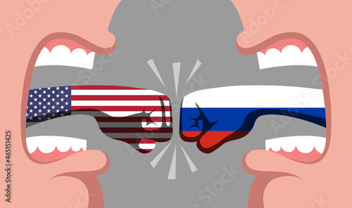 Screaming persons and tongues shaped like fists and colored like flags