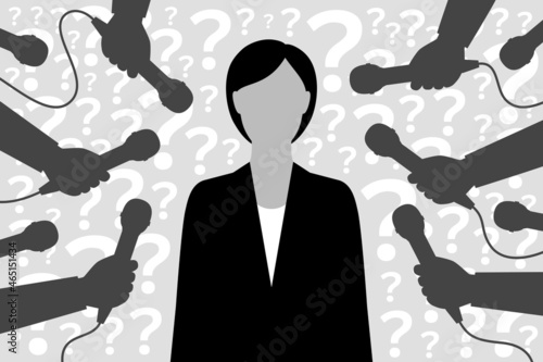 Political person or businesswoman, microphones and many question marks