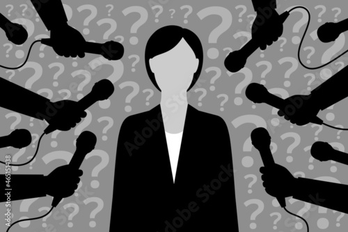 Political person or businesswoman, microphones and many question marks